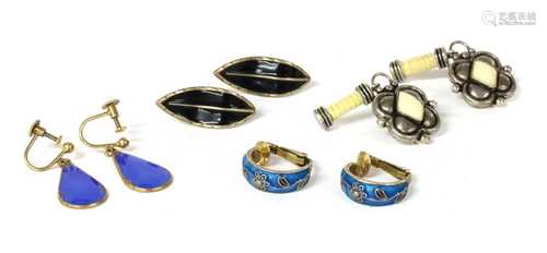 A pair of Norwegian silver gilt blue enamel drop earrings, b...