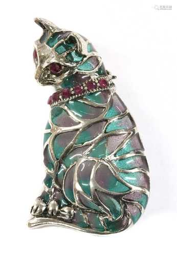 A silver plique-à-jour enamel and ruby cat brooch/pendant,