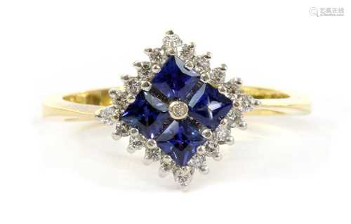 A sapphire and diamond off set square cluster ring,