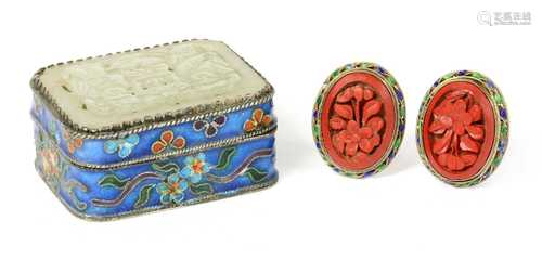 A pair of Chinese silver gilt cinnabar lacquer and enamel cl...