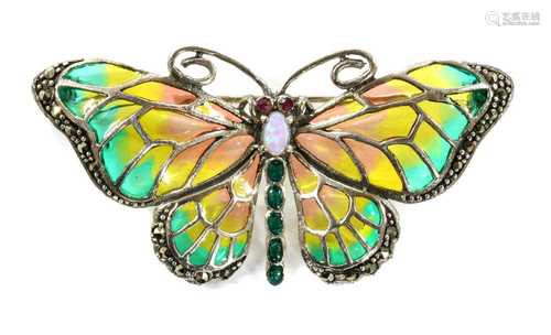 A silver plique-à-jour enamel butterfly brooch,