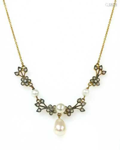 A silver and gold, cultured freshwater pearl and diamond nec...