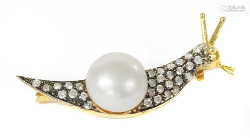 A silver cultured freshwater pearl and diamond snail brooch,