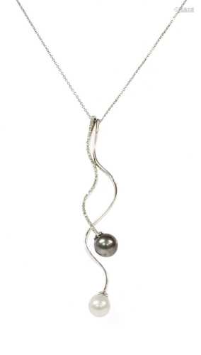 An 18ct white gold cultured pearl and diamond pendant,