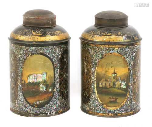 A PAIR OF TOLEWORK TEA CANISTERS,