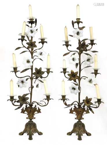 A pair of opaline glass and gilt metal seven-light candelabr...