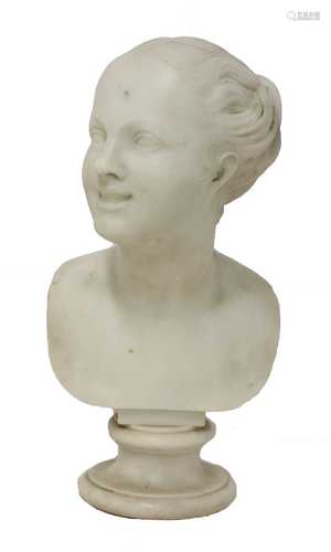 A white marble bust of a smiling young girl,