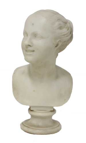 A white marble bust of a smiling young girl,