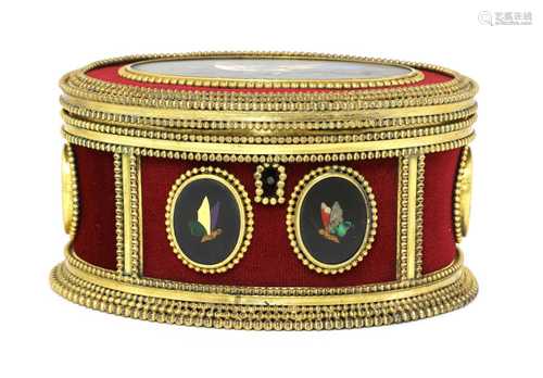 An oval gilt-metal and pietra dura inset casket, by Tahan, P...