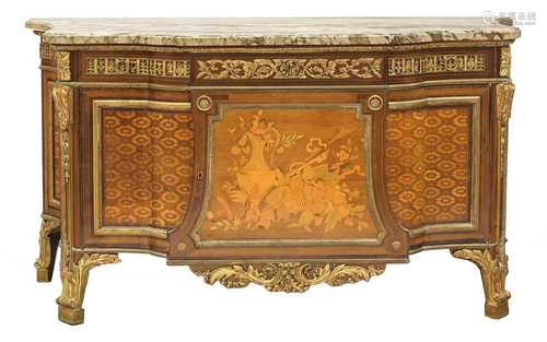 A Louis XVI-style inlaid, parquetry and mahogany marble top ...