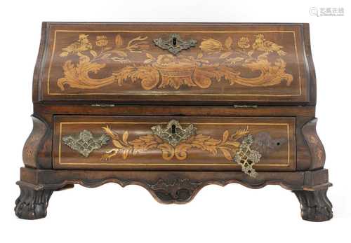 A miniature Dutch marquetry and walnut bombé bureau,