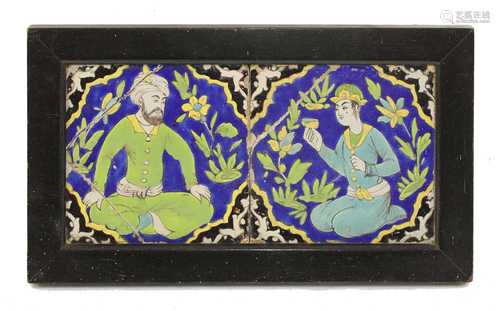 A Qajar cuerda seca pottery tile panel,