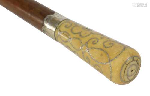 A Queen Anne ivory and piqué work walking stick,