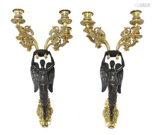 A pair of French bronze and ormolu wall sconces,