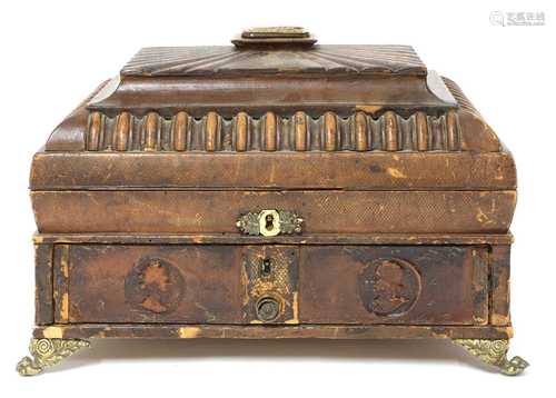 A Regency leather workbox,