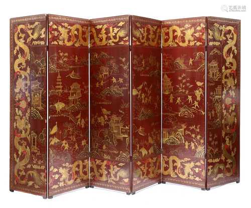 A large Chinese six-fold red-lacquered screen,