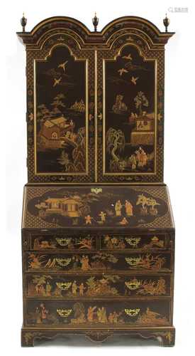 A George I-style lacquered chinoiserie bureau bookcase,