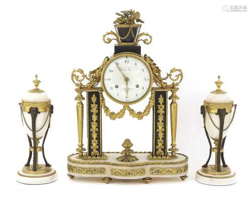 A matched French ormolu and marble clock garniture,