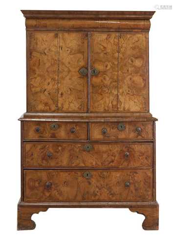 A Queen Anne walnut cabinet on chest,