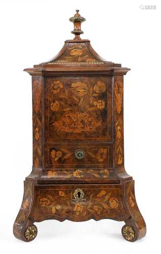 An unusual Dutch marquetry and walnut kettle stand and cover...