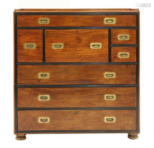 A Victorian camphor and ebony campaign secretaire chest,