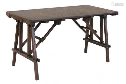 An oak apprentice piece trestle table,