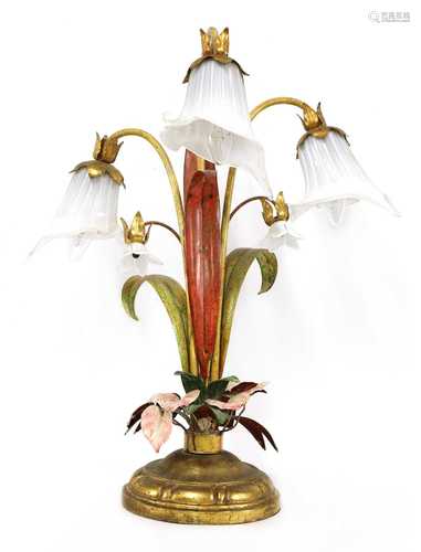 An Italian painted and gilt toleware floral table lamp,