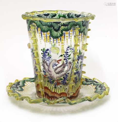 An enamelled glass vase and stand,