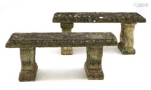 Two composite stone garden benches,