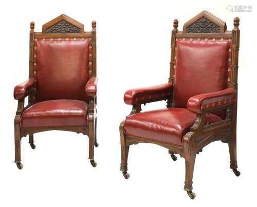 A pair of large Victorian oak Gothic throne chairs,