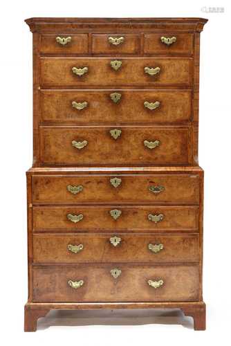 A George I walnut secretaire chest on chest,