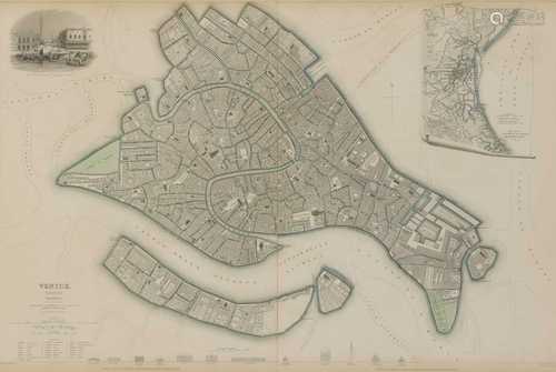 Set of four old maps of Turin, Naples, Venice and Genoa,