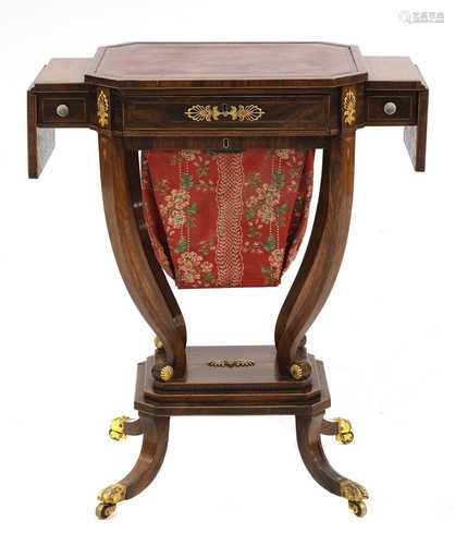 A George III rosewood, crossbanded and strung worktable,