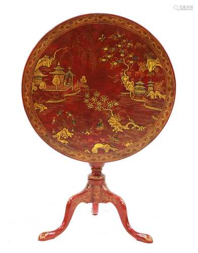 A George III scarlet lacquered and gilt chinoiserie tripod t...