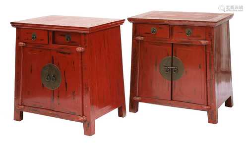 A pair of Chinese red lacquered cabinets,