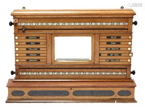 A blonde oak snooker scoreboard,