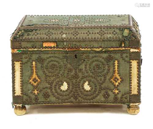 A small studded and cloth-bound chest,