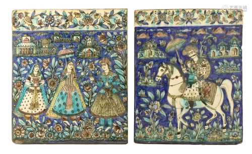 A near pair of Qajar pottery tiles,