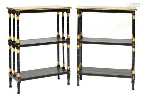 A pair of Regency revival ebonised and gilt decorated étagèr...