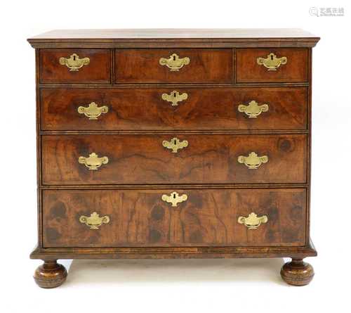 A William and Mary walnut and oak chest of drawers,