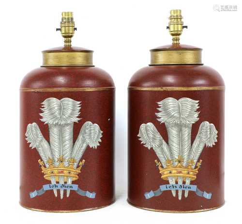 A pair of painted canister table lamps,