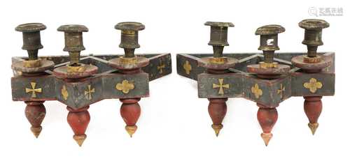 A pair of Victorian Gothic softwood wall lights,