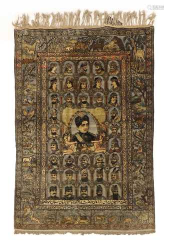 A fine Persian silk and metal Kashan or Isfahan pictorial ru...