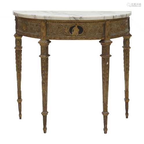 A painted, giltwood and gesso demilune console table,