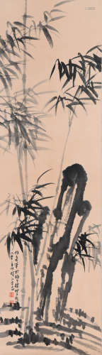 A Chinese Bamboo&Stone Painting Paper Scroll, Li Fangying Ma...