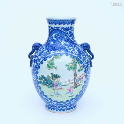 A Blue and White Famille Rose Dragon and Boys Porcelain Doub...