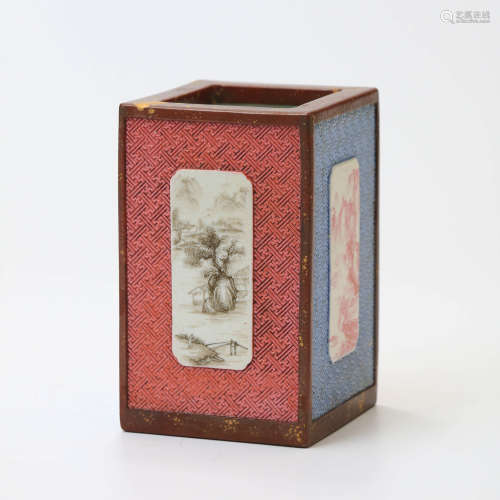 A Famille Rose Gilt-inlaid Square-shaped Porcelain Brush Pot