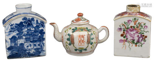 TW0 CHINESE PORCELAIN TEA CADDIES & TEAPOT, 18/19th CENTURY