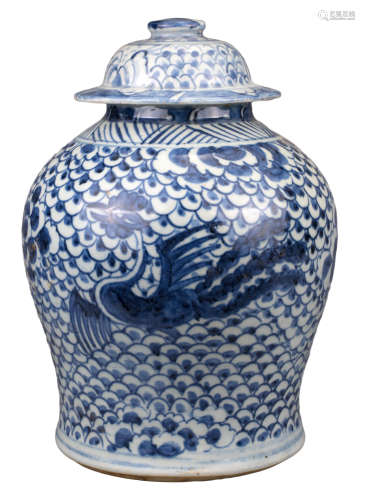 CHINESE BLUE AND WHITE PORCELAIN PHOENIX JAR AND COVER, KANG...