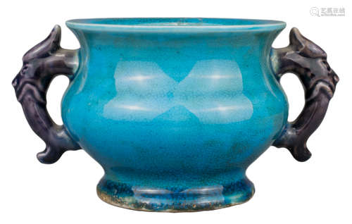 CHINESE TURQUOISE AND AUBERGINE GLAZED PORCELAIN CENSER, KAN...